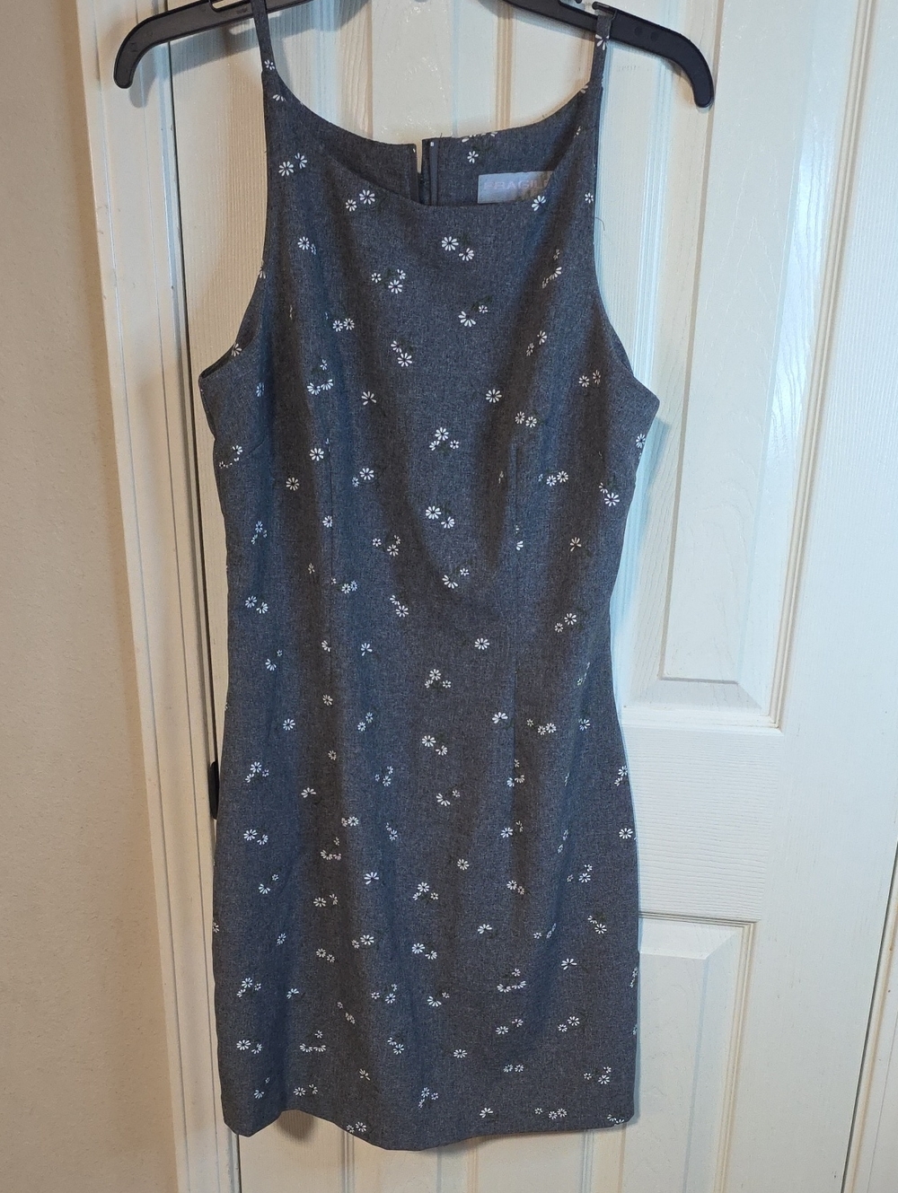 Grey Mini Dress with Delicate White Floral Print Vintage Hippie Style.